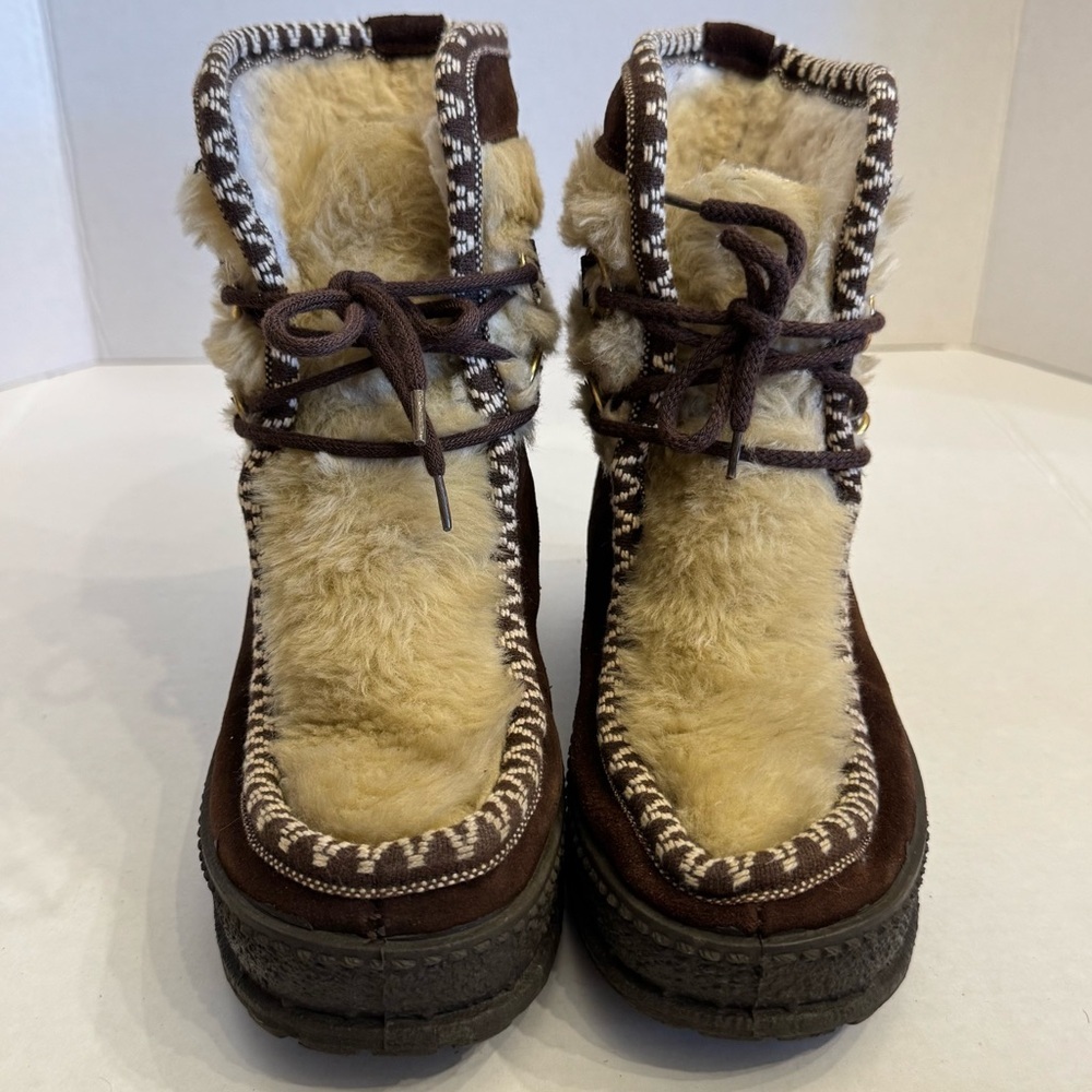 Vintage Italian Apres Ski Boots Sz 5/36 Brown Beige Suede Faux Fur Lace Up Shoes